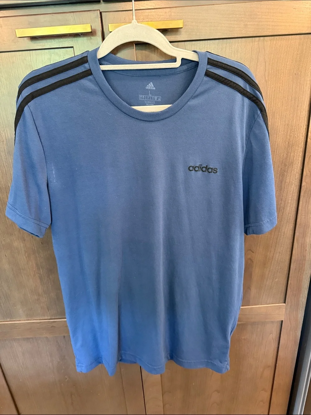 adidas Men’s Blue Short-Sleeve Crew Tee with Black Shoulder Stripes
